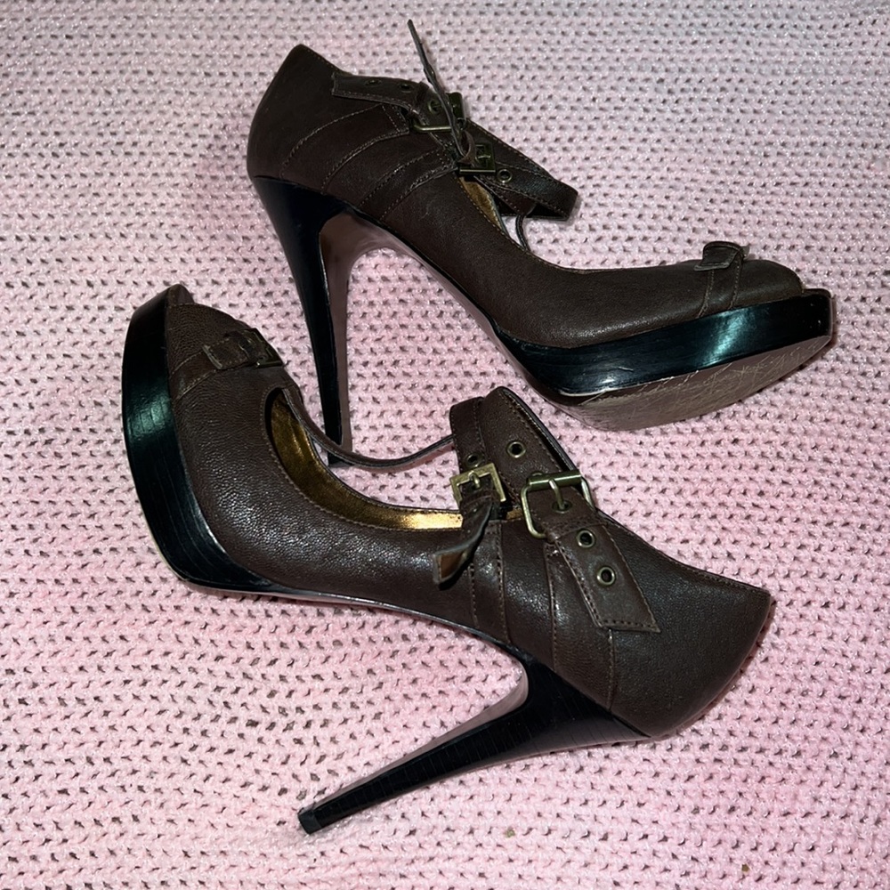 Dark Brown platform Mary Jane buckle Heels
